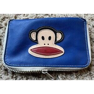 Vintage **Paul Frank Julius Monkey Zip Around Wallet Blue Leather Card Organizer